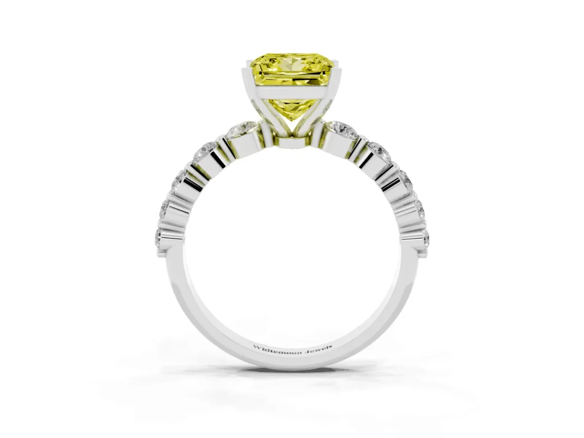 Fancy Yellow Princess Cut Solitaire Diamond Ring with Pave Band and Four-Prong Setting Silver