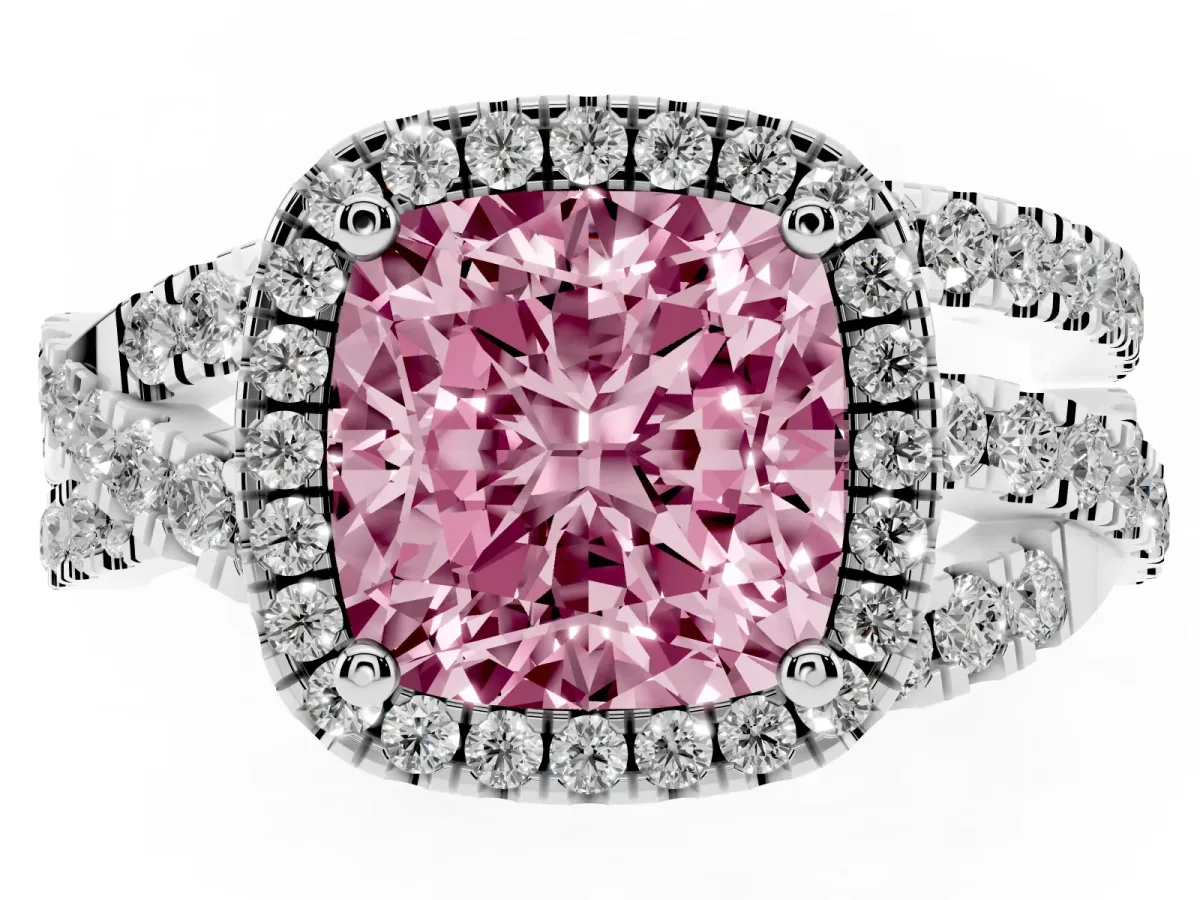 Fancy Pink Cushion Cut Diamond Halo Ring with Round Split Shank and Prong Setting Platinum