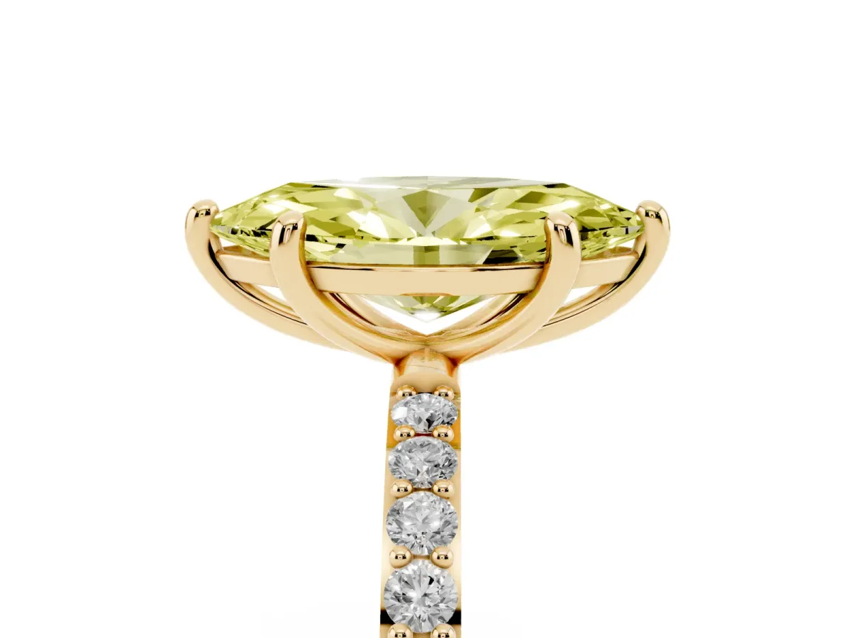 Fancy Yellow Marquise Cut Diamond Solitaire Ring with Round Pavé Band and Prong Setting Yellow gold