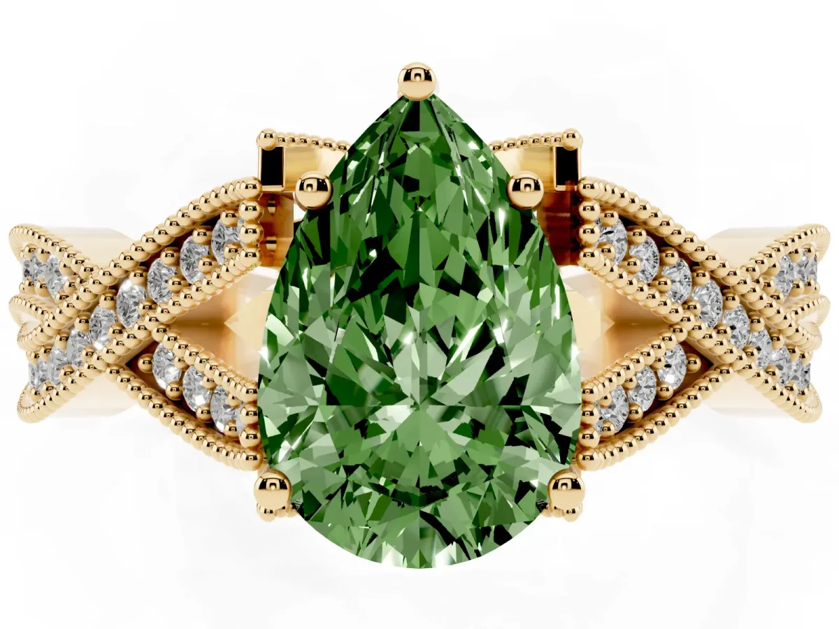 Fancy Green Pear Cut Cut Diamond Twisted Band with Milgrain Pave Setting and Four-Prong Setting Yellow gold