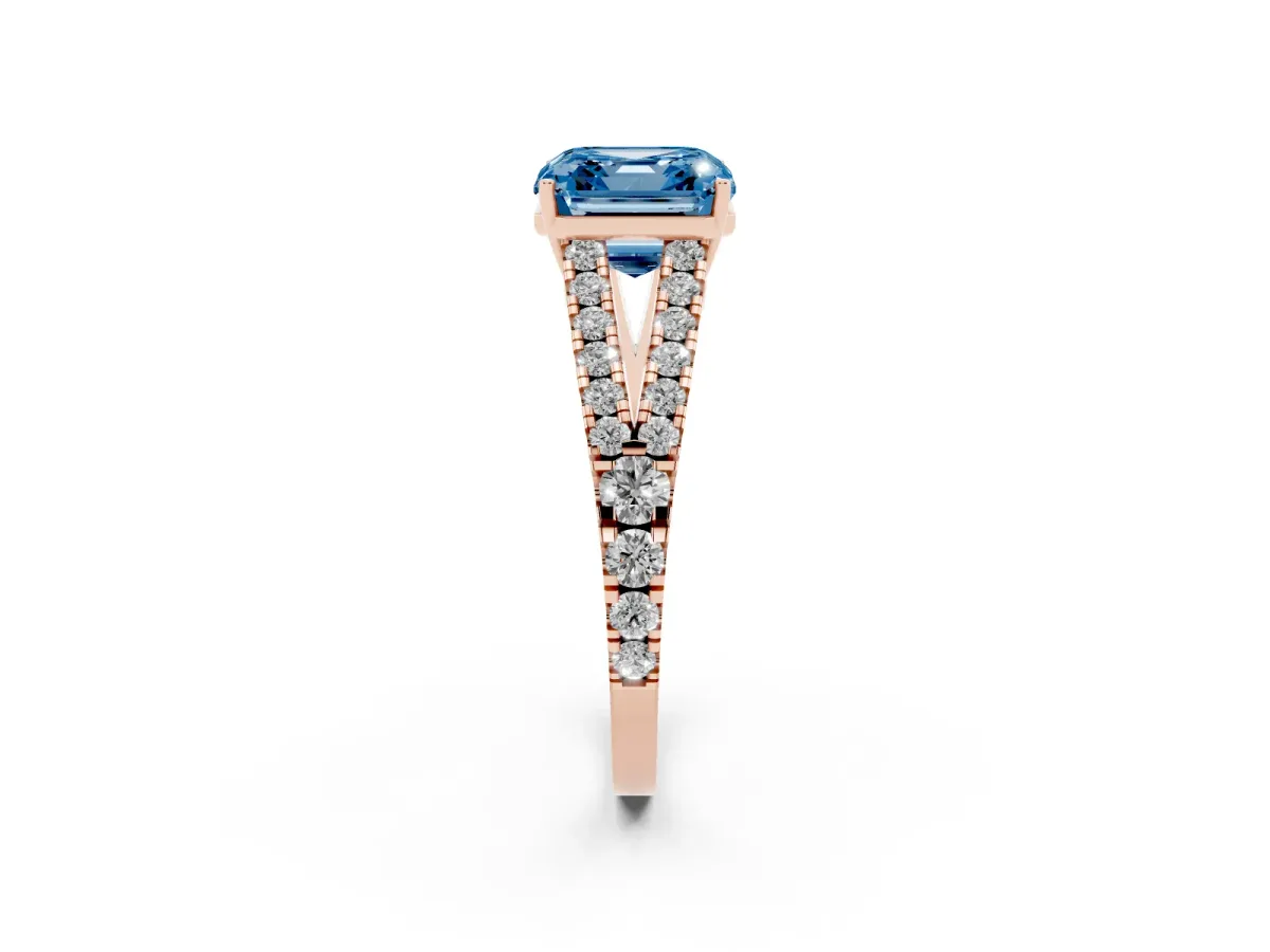 Fancy Blue Asscher Cut Diamond Split Shank Pavé Engagement Ring with Four-Prong Setting Rose gold