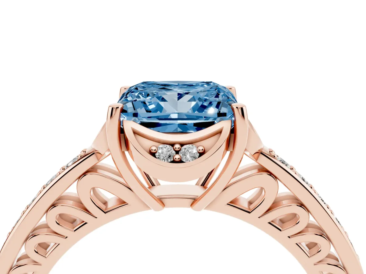 Fancy Blue Princess Cut Cut Halo Diamond Ring with Channel Set Band and Four-Prong Setting Rose gold