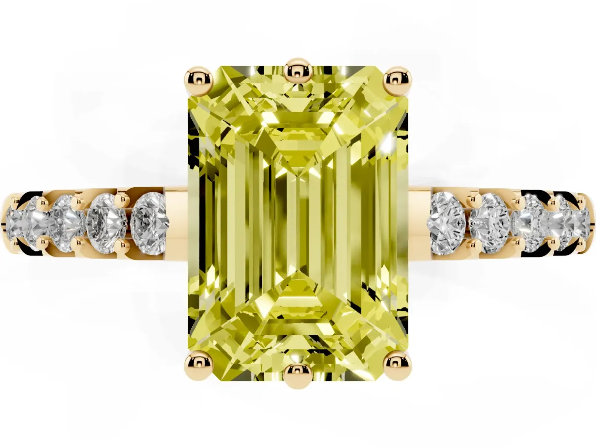 Fancy Yellow Emerald Cut Solitaire Diamond Engagement Ring with Pavé Band and Six-Prong Setting Yellow gold