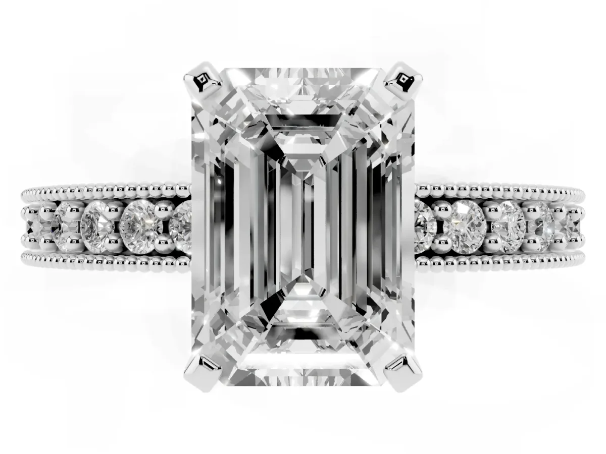 Emerald Cut Diamond Milgrain Pavé Engagement Ring with Four-Prong Setting Silver