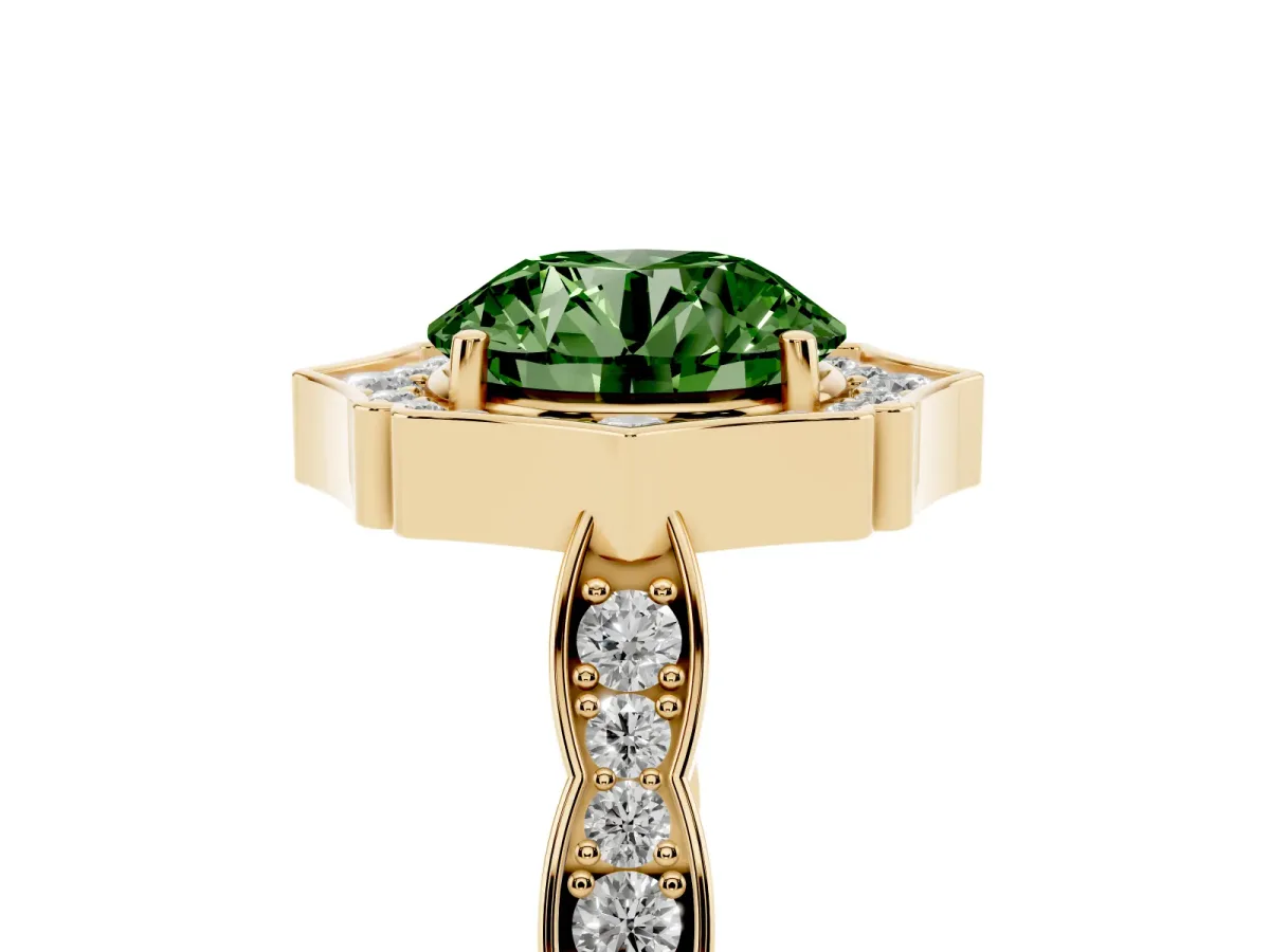 Fancy Green Round Cut Halo Diamond Engagement Ring with Milgrain Band and Four-Prong Setting Yellow gold