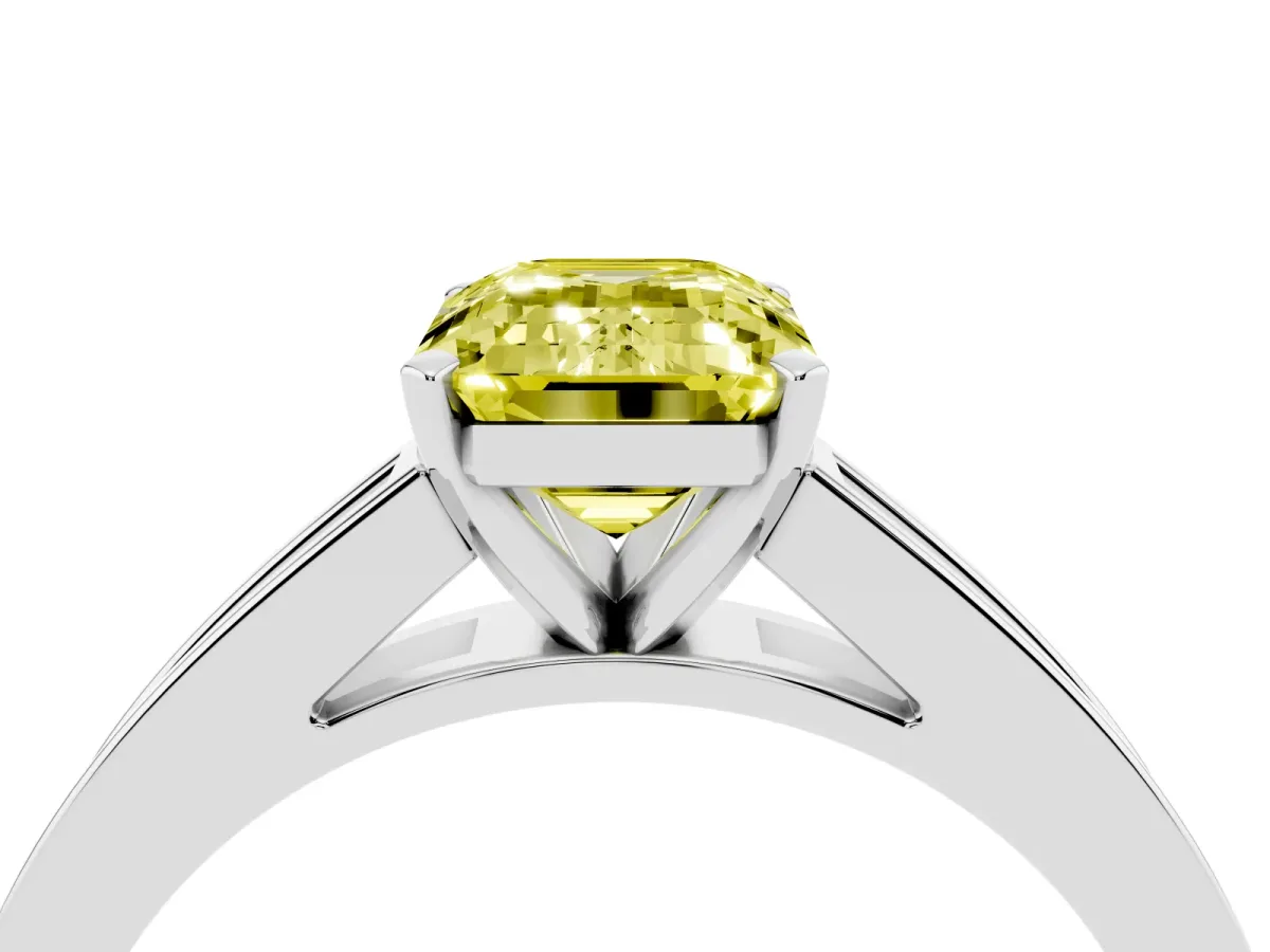 Fancy Yellow Emerald Cut Solitaire Diamond Ring with Channel-Set Band and Four-Prong Setting Silver