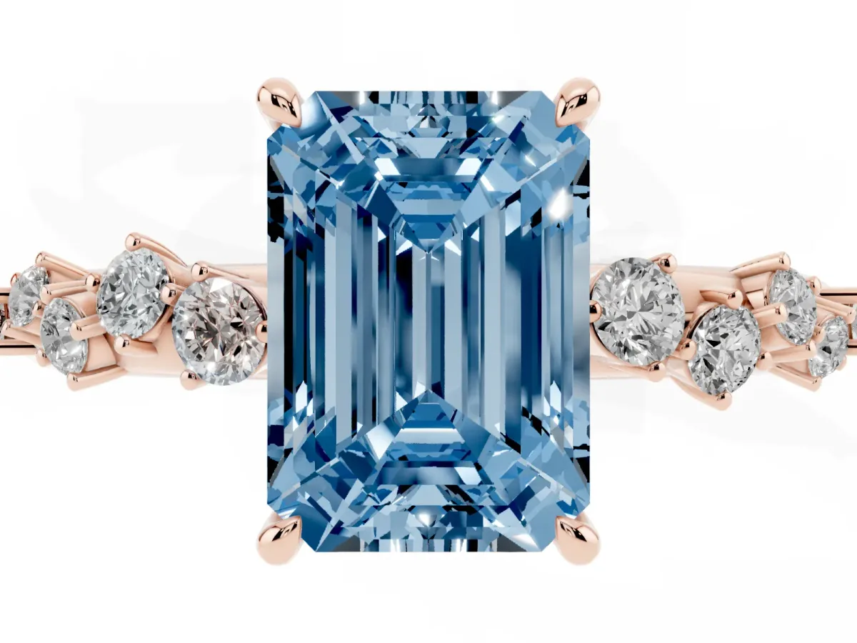 Fancy Blue Emerald Cut Diamond Cluster Side Stone Solitaire Ring with Prong Setting Rose gold