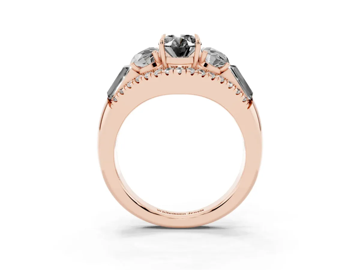 Fancy Black Three-Stone Oval Cut Diamond Engagement Ring with Pave Band and Prong Setting Rose gold