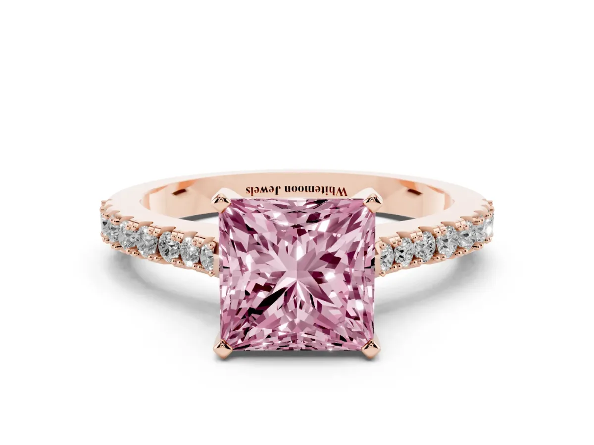 Fancy Pink Princess Cut Cut Solitaire Diamond Engagement Ring with Pave Band and Four-Prong Setting Rose gold