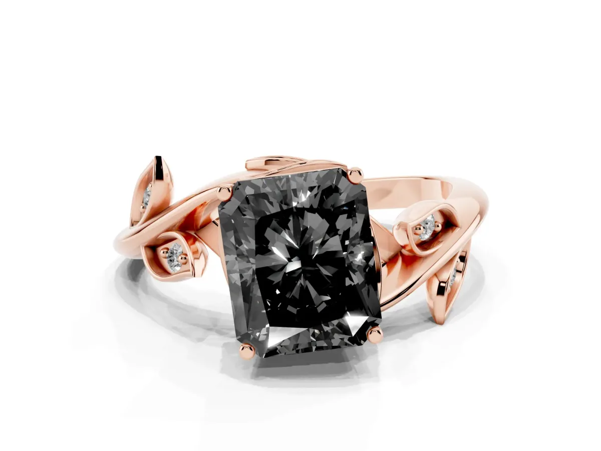 Fancy Black Radiant Cut Solitaire Twist Engagement Ring with Leaf Accents and Prong Setting Rose gold