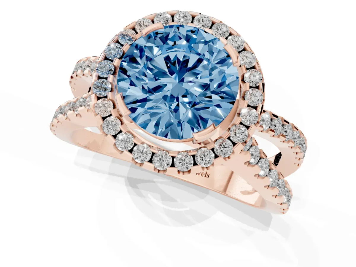 Fancy Blue Round Cut Diamond Halo Ring with Split Shank Pavé Band and Prong Setting Rose gold
