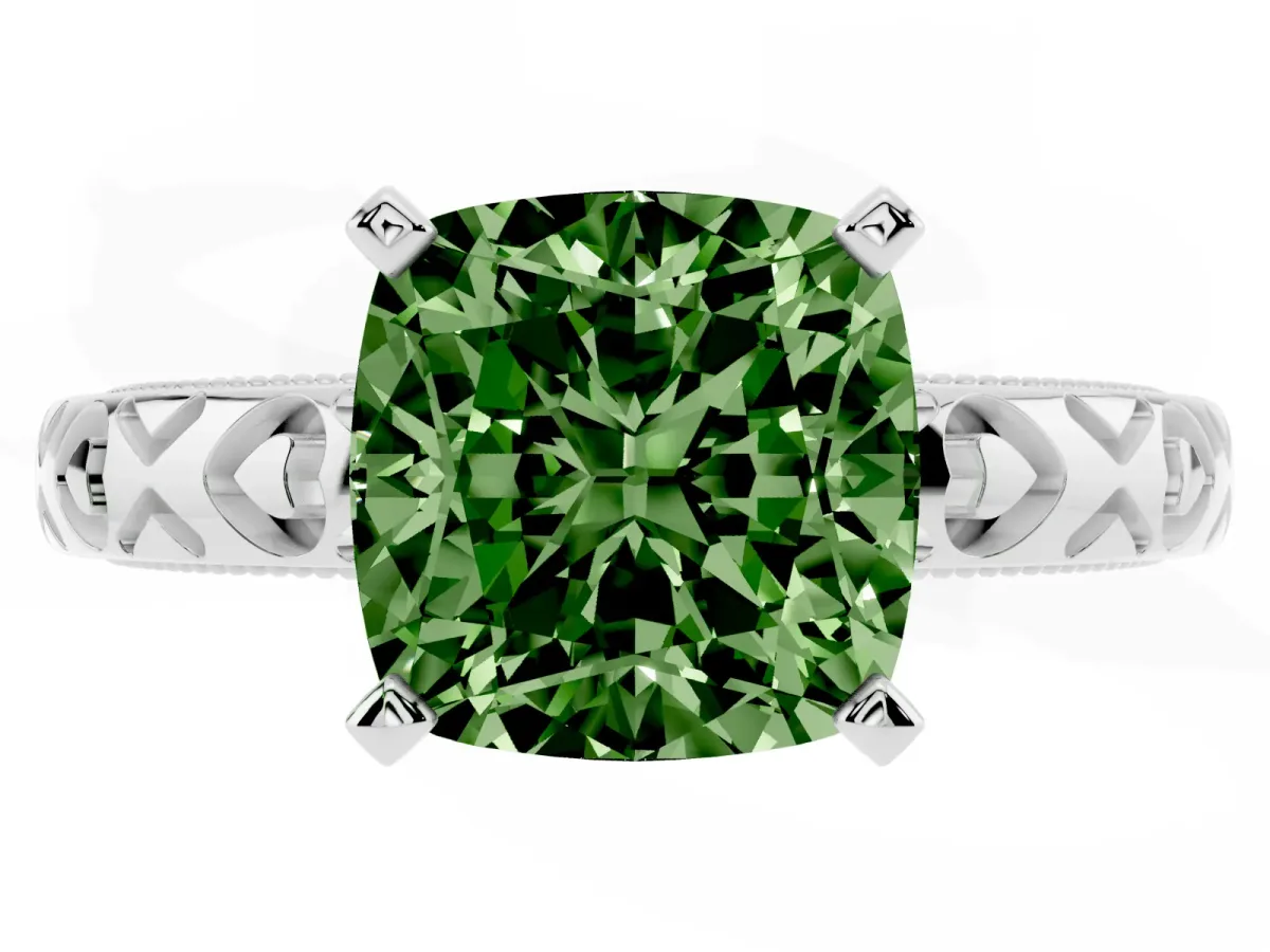 Fancy Green Cushion Cut Solitaire Diamond Engagement Ring with XO Engraved Band and Four-Prong Setting Platinum