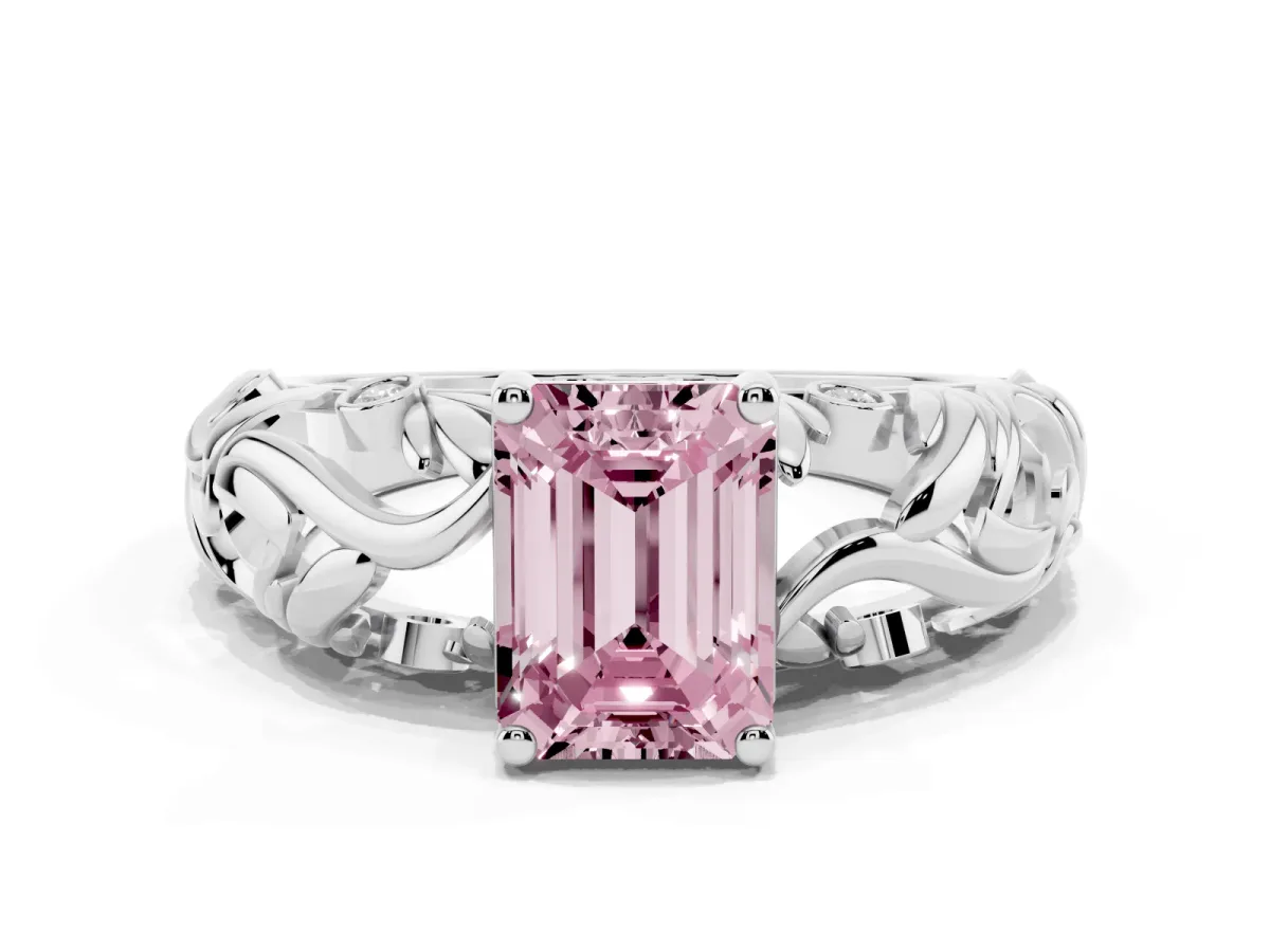 Fancy Pink Emerald Cut Solitaire Diamond Leaf-Inspired Vine Band Ring with Prong Setting Platinum