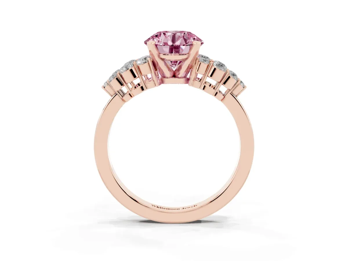 Fancy Pink Round Cut Cluster Diamond Engagement Ring with Pavé Band and Four-Prong Setting Rose gold