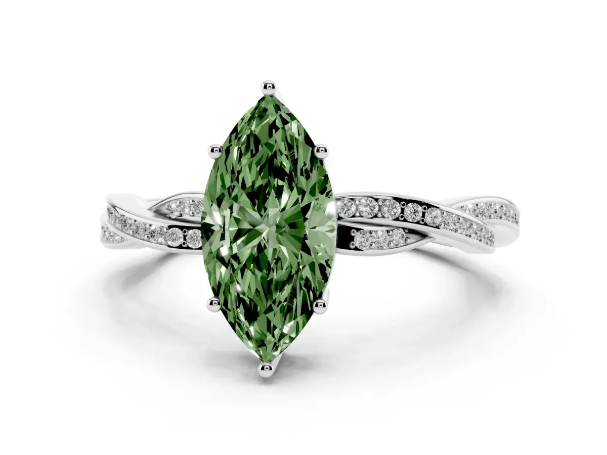 Fancy Green Marquise Cut Solitaire Twisted Pave Diamond Ring with Four-Prong Setting Silver