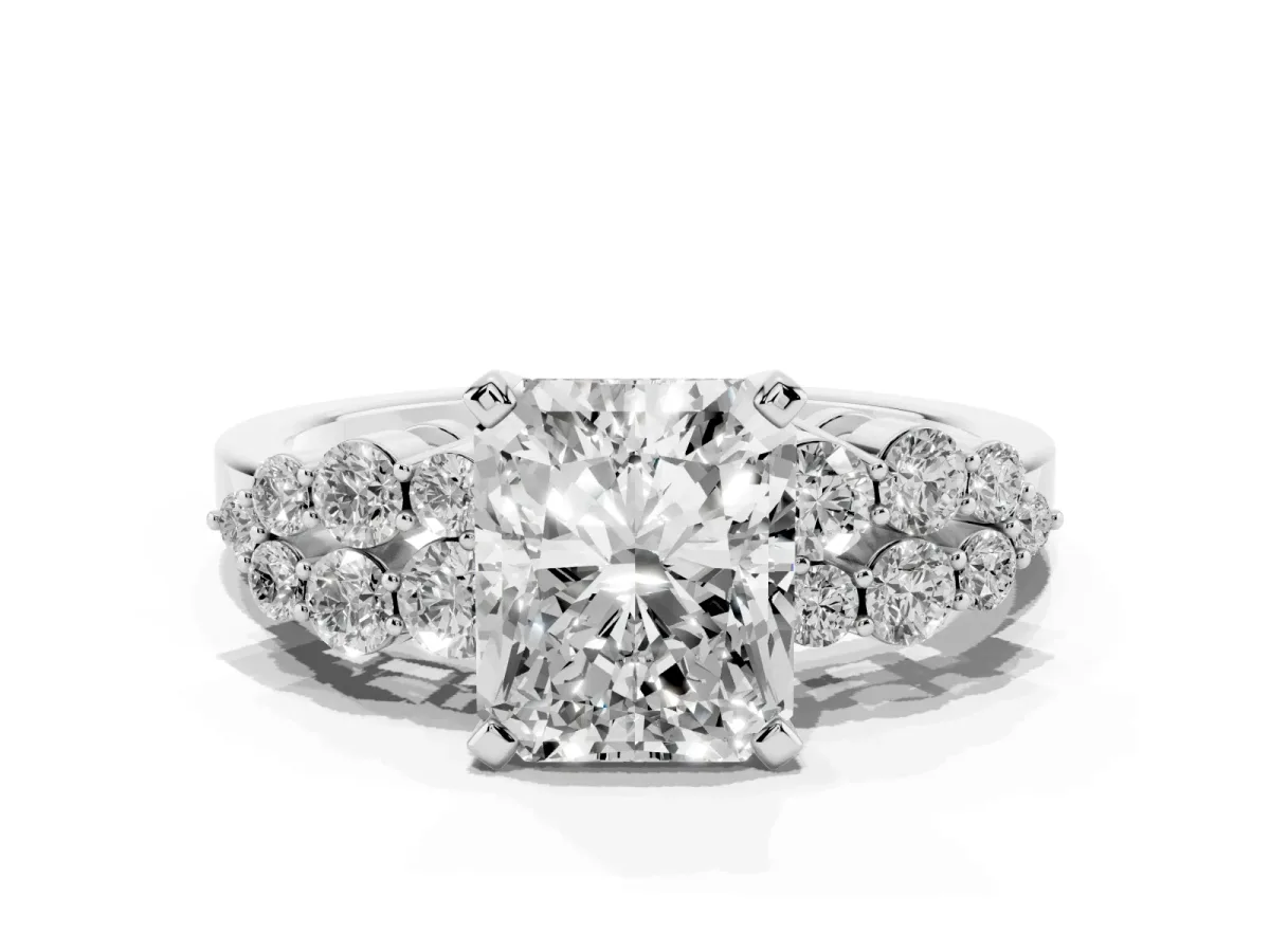 Radiant Cut Cluster Diamond Engagement Ring with Pavé Band and Four-Prong Setting Silver