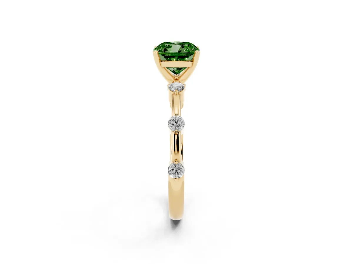 Fancy Green Cushion Cut Solitaire Diamond Ring with Bezel Set Side Stones and Prong Setting Yellow gold
