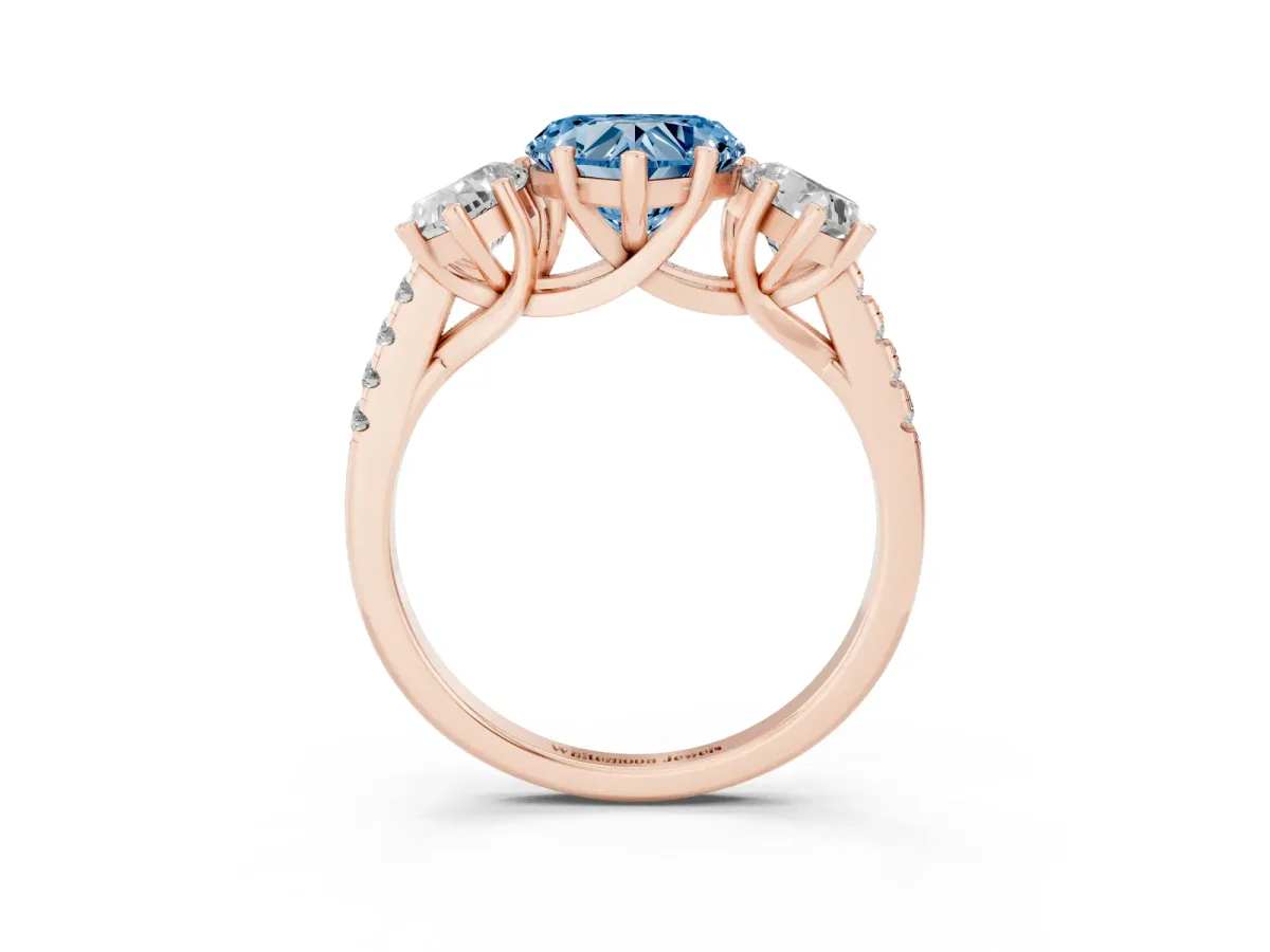 Fancy Blue Three-Stone Heart Cut Diamond Ring with Round Pavé Band and Prong Setting Rose gold