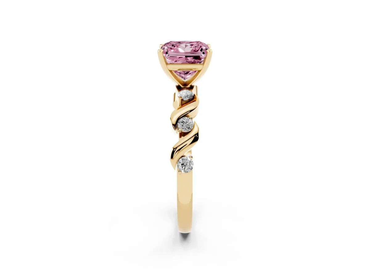 Fancy Pink Princess Cut Diamond Solitaire Twisted Band with Round Accents and Prong Setting Yellow gold