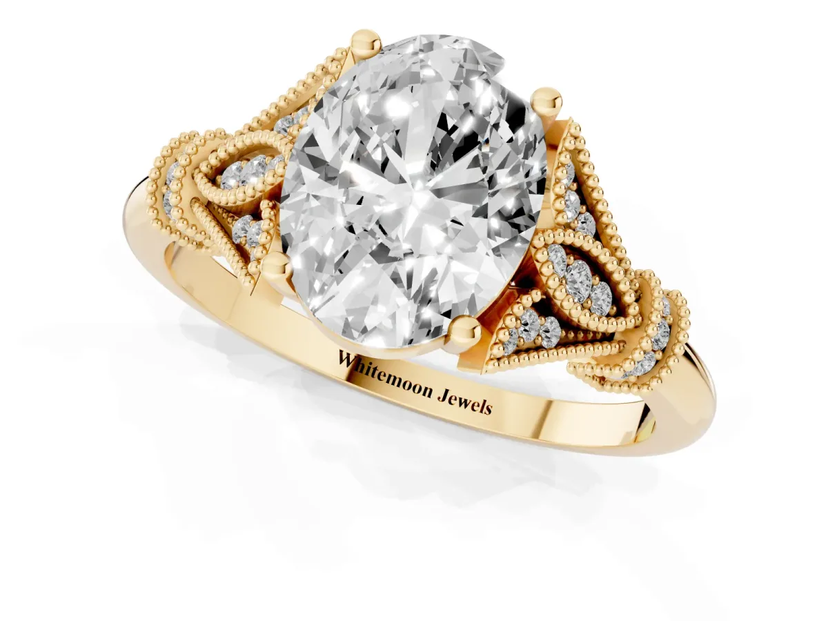 Oval Cut Diamond Solitaire Ring with Floral Filigree and Pave Accents Yellow gold
