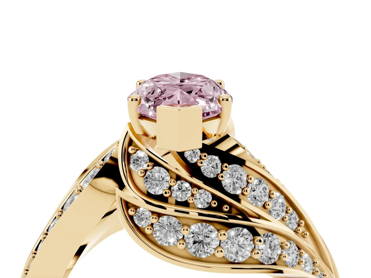 Fancy Pink Marquise Cut Diamond Solitaire Ring with Prong Setting and Twisted Pavé Band Yellow gold