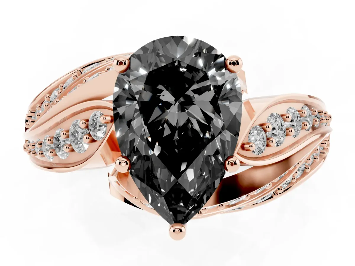 Fancy Black Pear Cut Diamond Solitaire Ring with Prong Setting and Twisted Pavé Band Rose gold