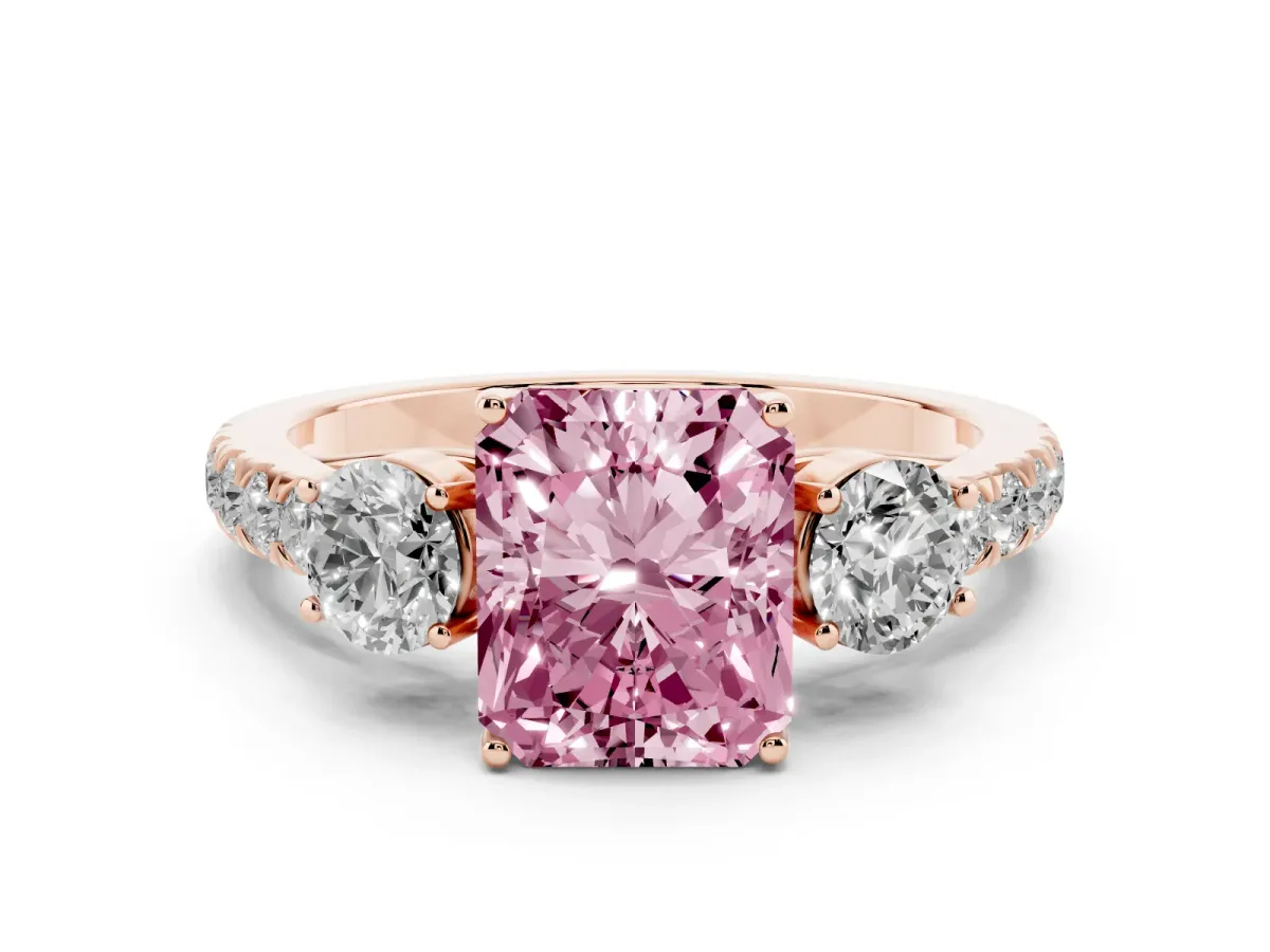 Fancy Pink Radiant Cut Cut Diamond Three-Stone Ring with Round Side Stones and Pavé Band Rose gold