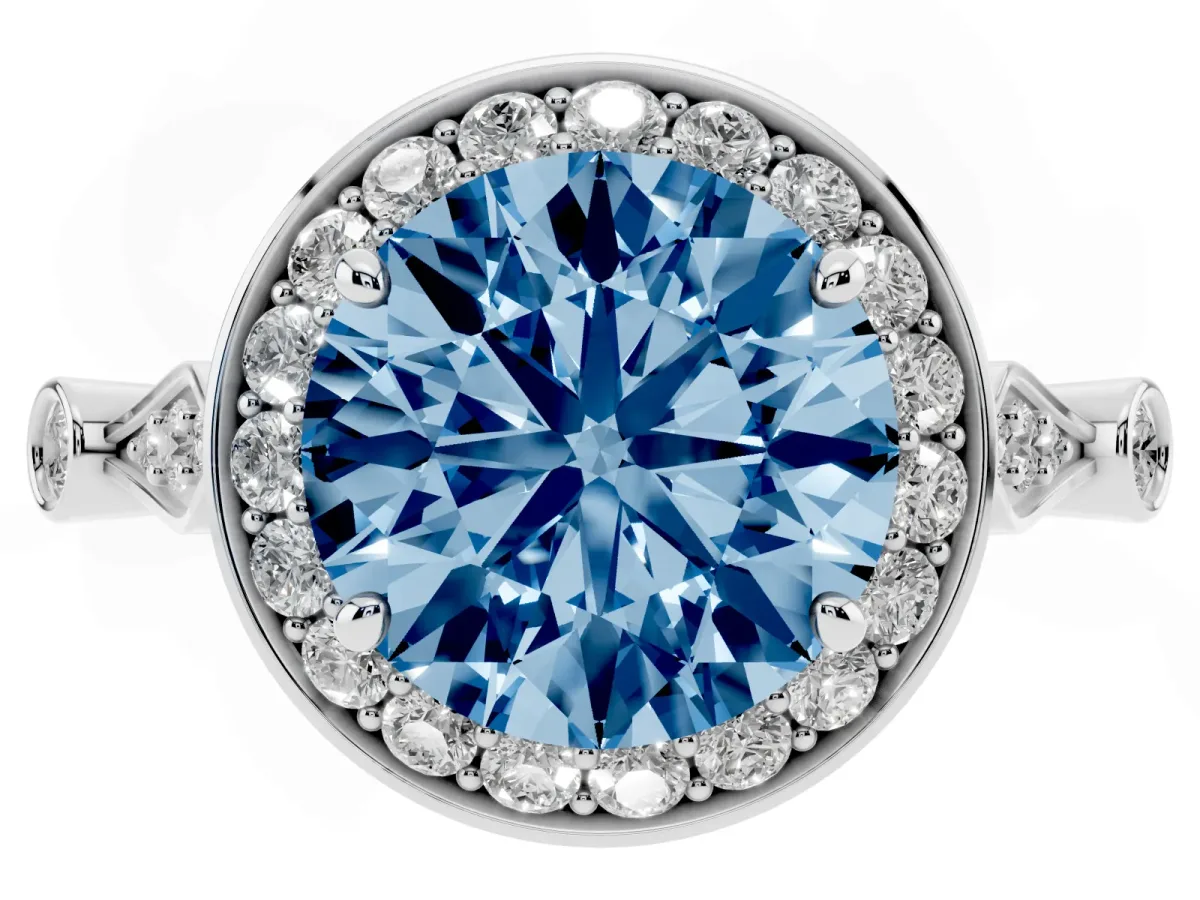 Fancy Blue Round Cut Halo Diamond Engagement Ring with Twisted Band and Four-Prong Setting Silver