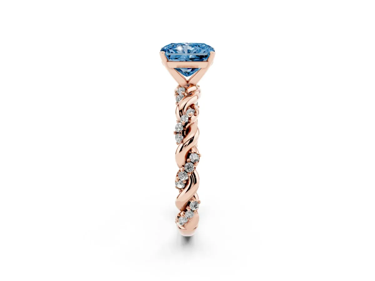 Fancy Blue Radiant Cut Diamond Solitaire Ring with Twisted Band and Pavé Accents Rose gold