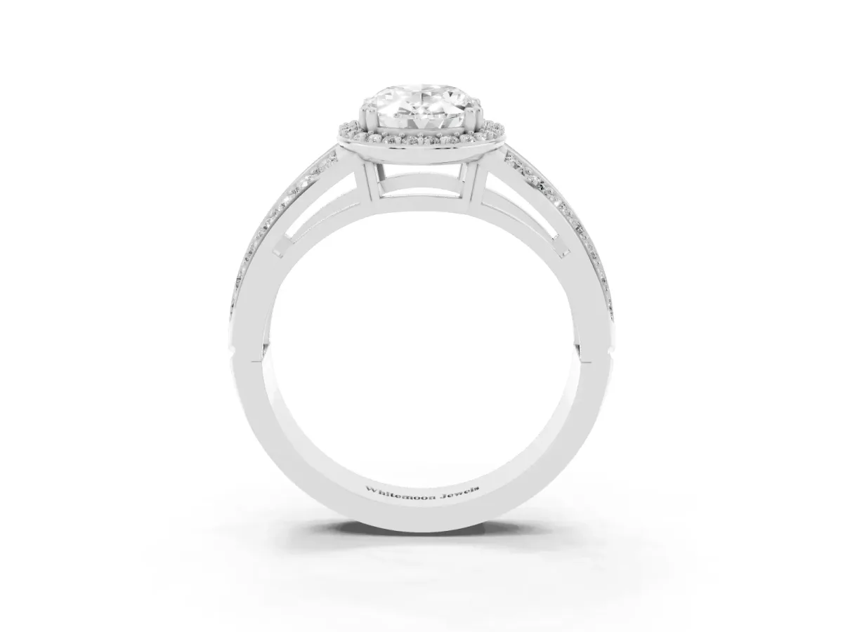 Oval Cut Diamond Halo Ring with Split Shank Pavé Band and Four-Prong Setting Silver