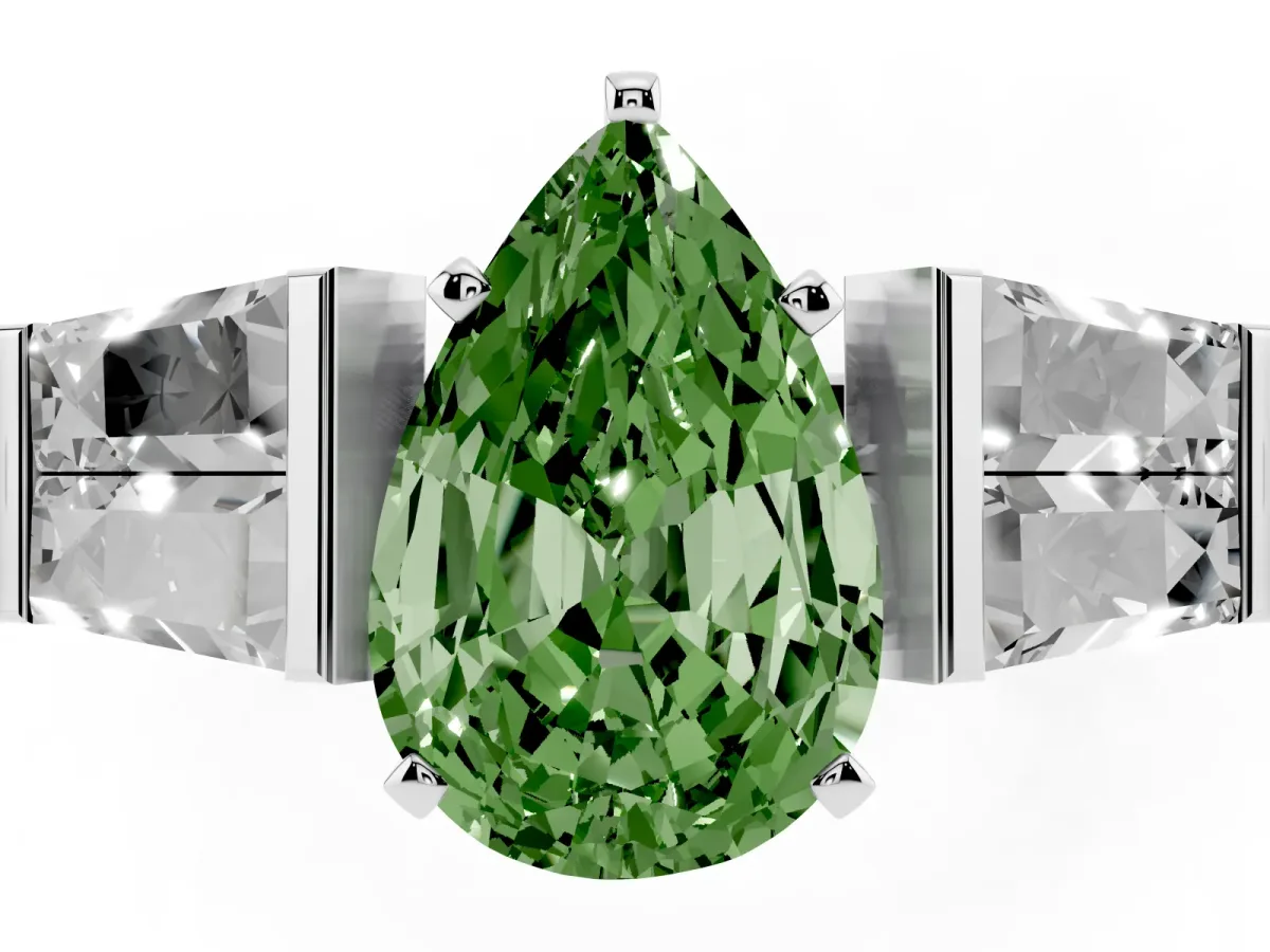 Fancy Green Pear Cut Diamond Engagement Ring with Baguette Side Stones and Channel Set Band Silver