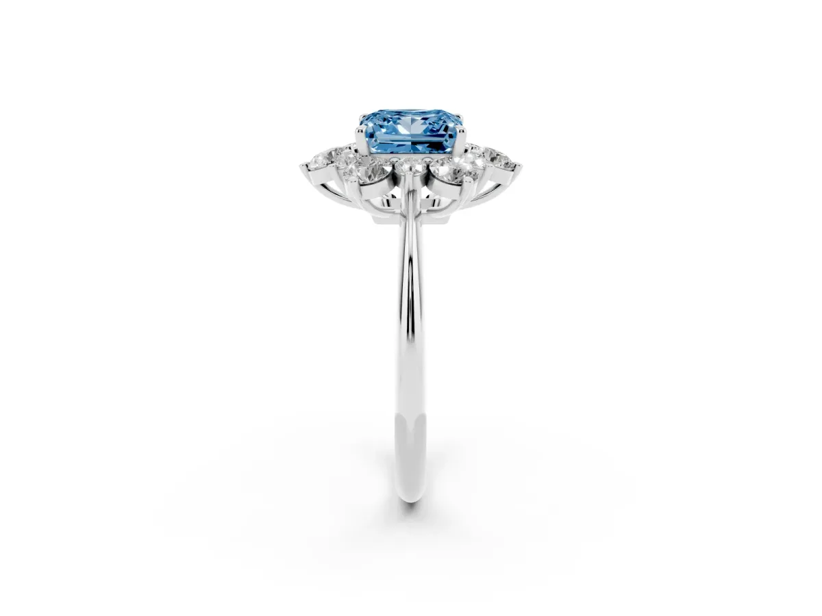 Fancy Blue Princess Cut Diamond Cluster Halo Ring with Solitaire Band and Four-Prong Setting White gold