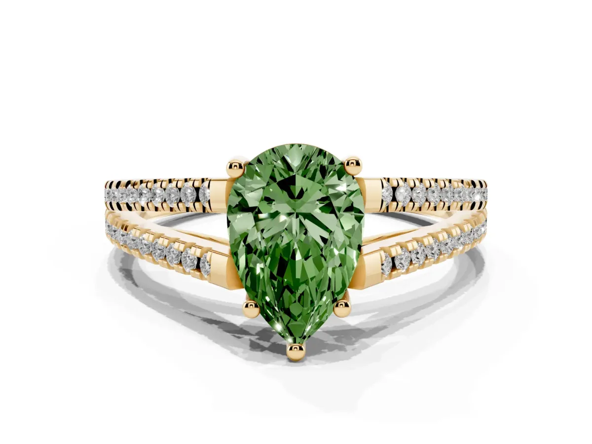 Fancy Green Pear Cut Diamond Solitaire Engagement Ring with Split Shank Pavé Band Yellow gold