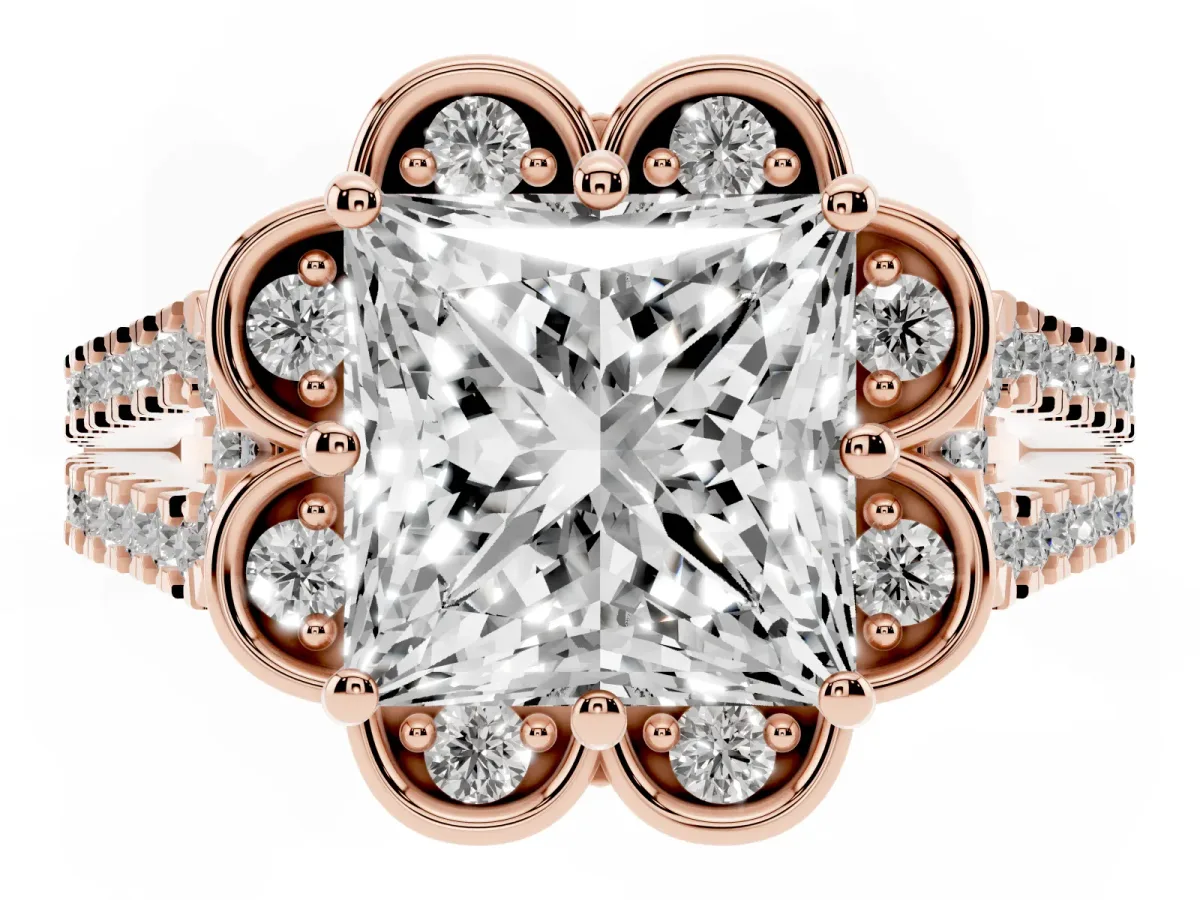 Princess Cut Halo Diamond Floral Split Shank Engagement Ring Rose gold