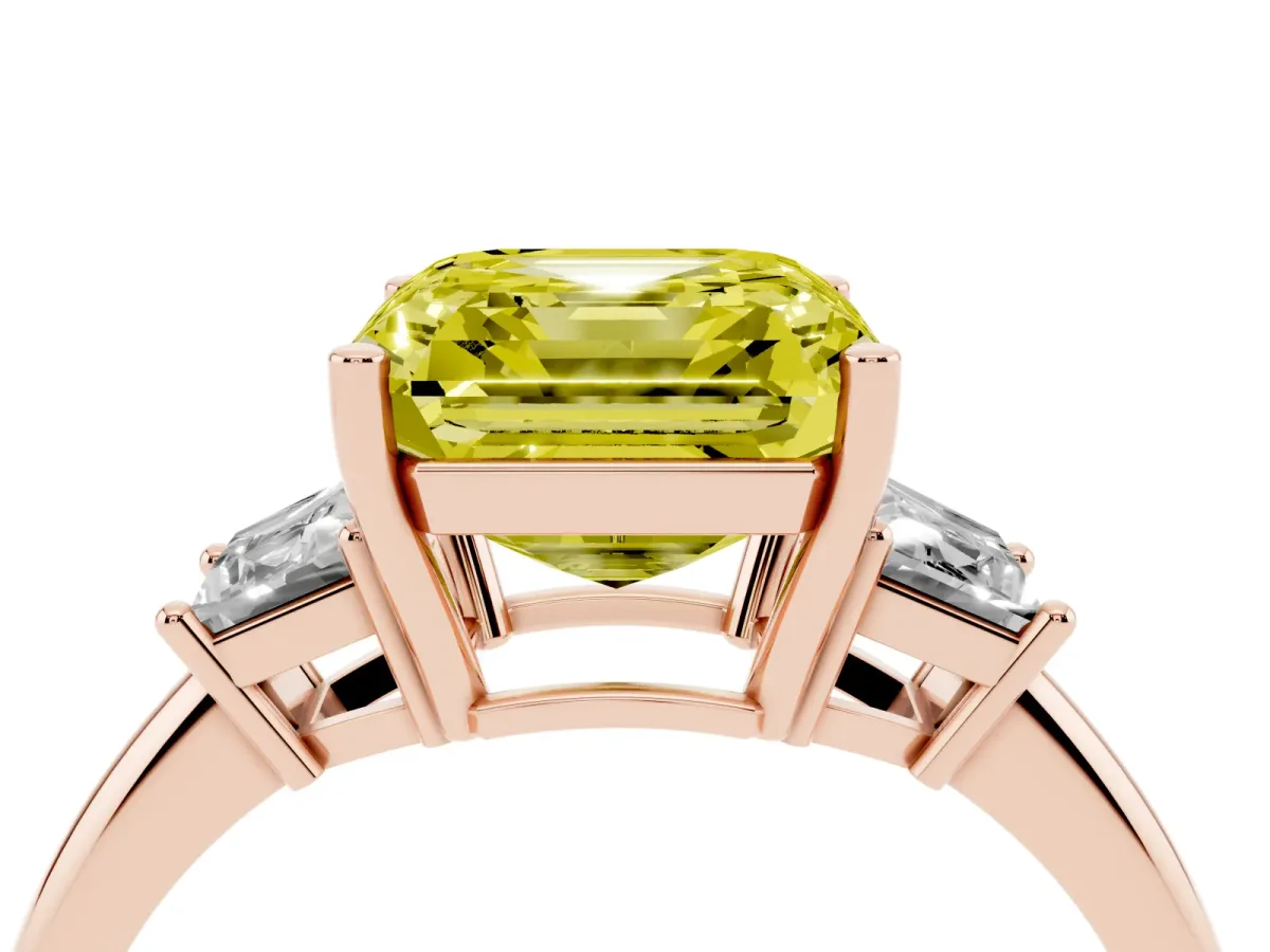 Fancy Yellow Asscher Cut Diamond Three-Stone Ring with Trapezoid Side Stones and Prong Setting Rose gold