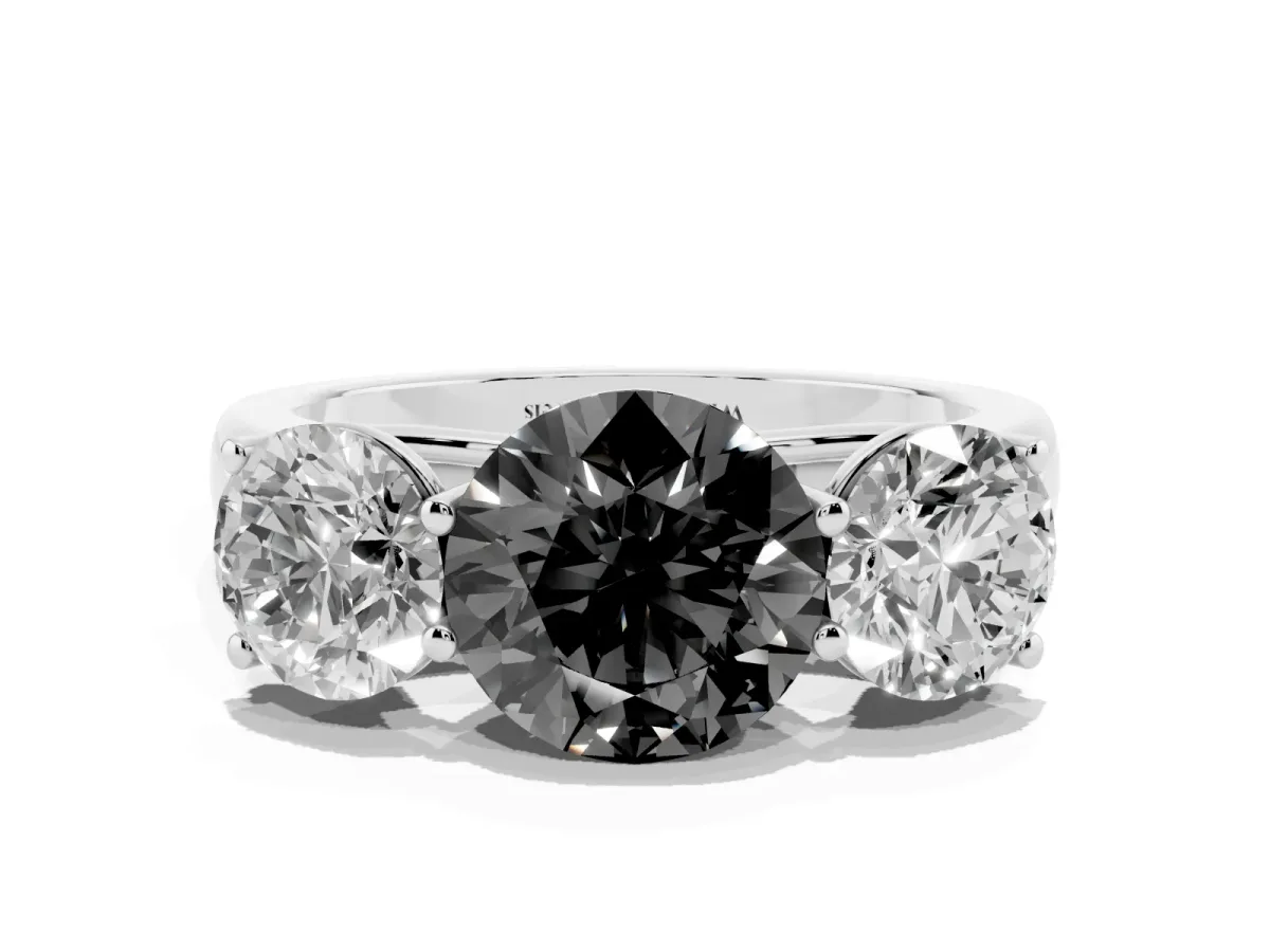 Fancy Black Round Cut Three-Stone Diamond Ring with Prong Setting on a Classic Band Platinum