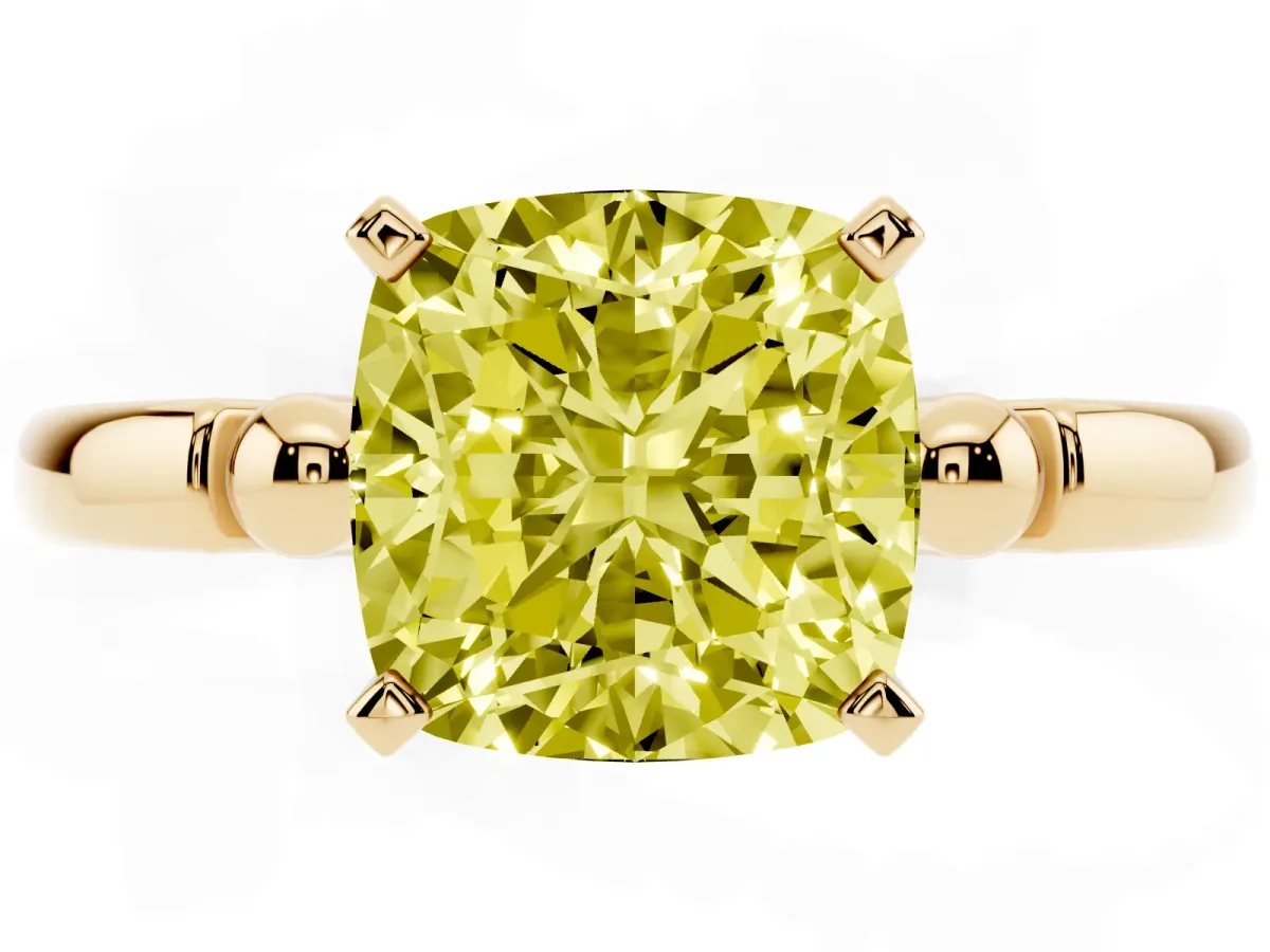 Fancy Yellow Cushion Cut Solitaire Beaded Band with Four-Prong Setting Yellow gold