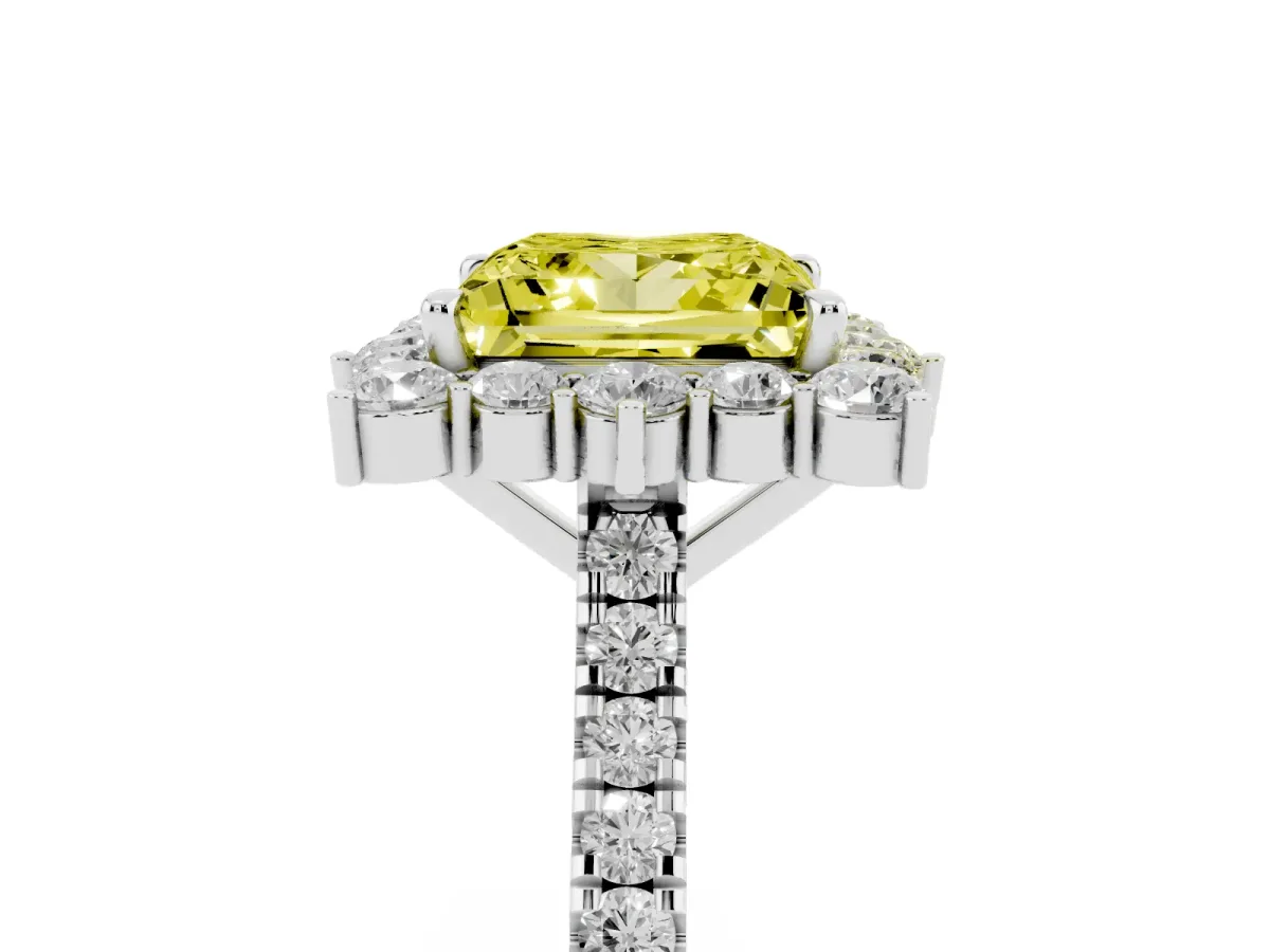 Fancy Yellow Princess Cut Halo Diamond Ring with Pavé Band and Prong Setting Silver