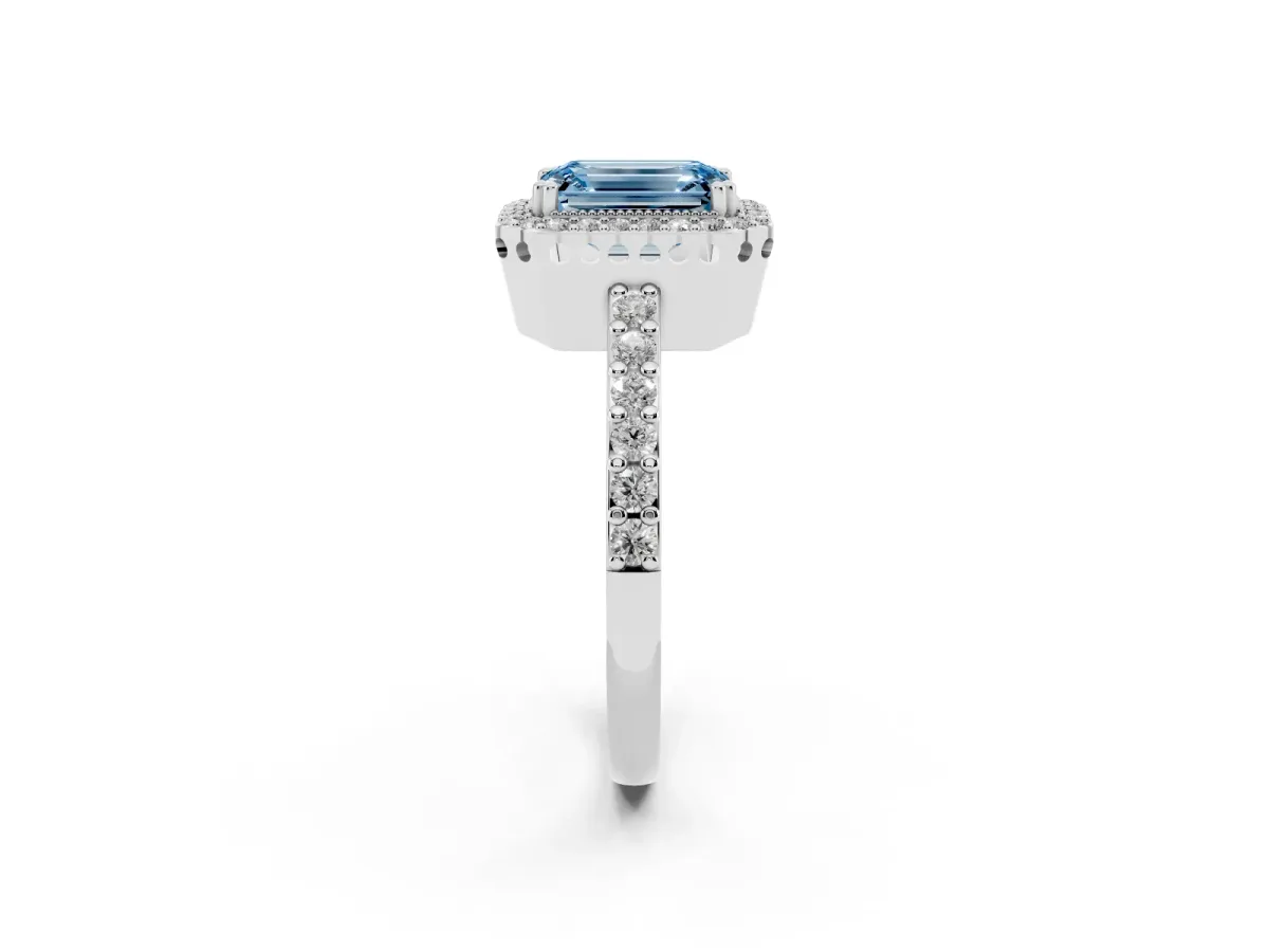 Fancy Blue Emerald Cut Cut Diamond Halo Engagement Ring with Milgrain Detail and Pavé Band White gold