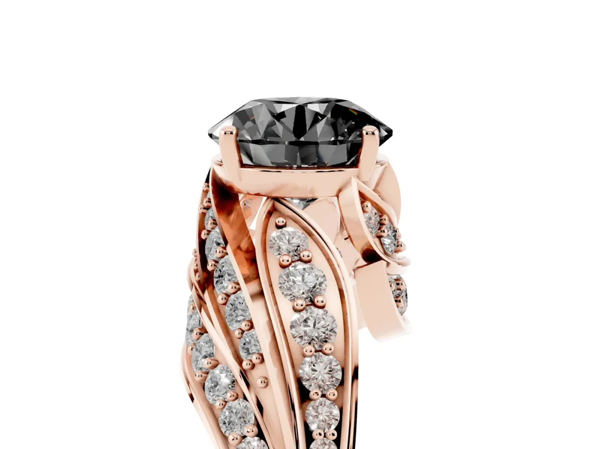 Fancy Black Round Cut Diamond Solitaire Ring with Prong Setting and Twisted Pavé Band Rose gold