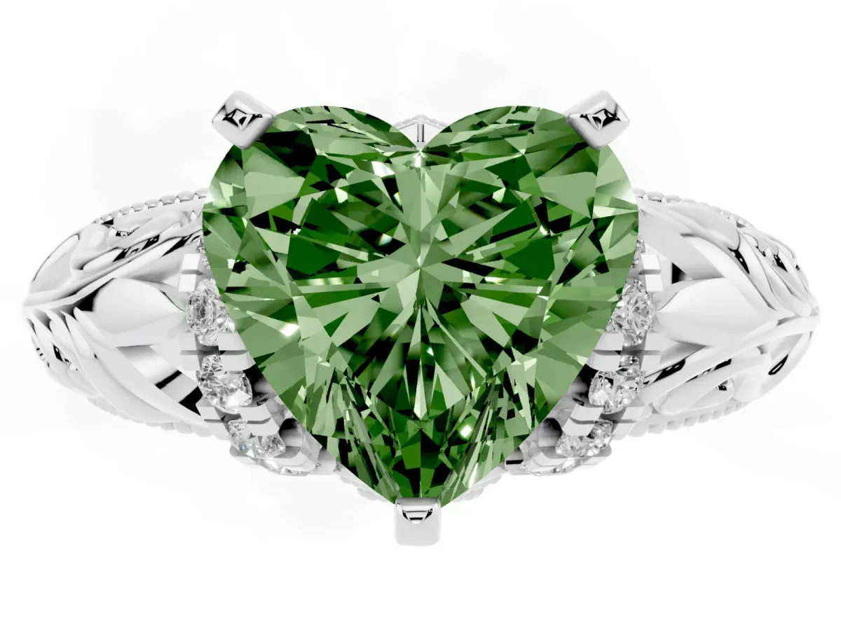 Fancy Green Heart Cut Solitaire Filigree Engagement Ring with Halo and Prong Setting Platinum