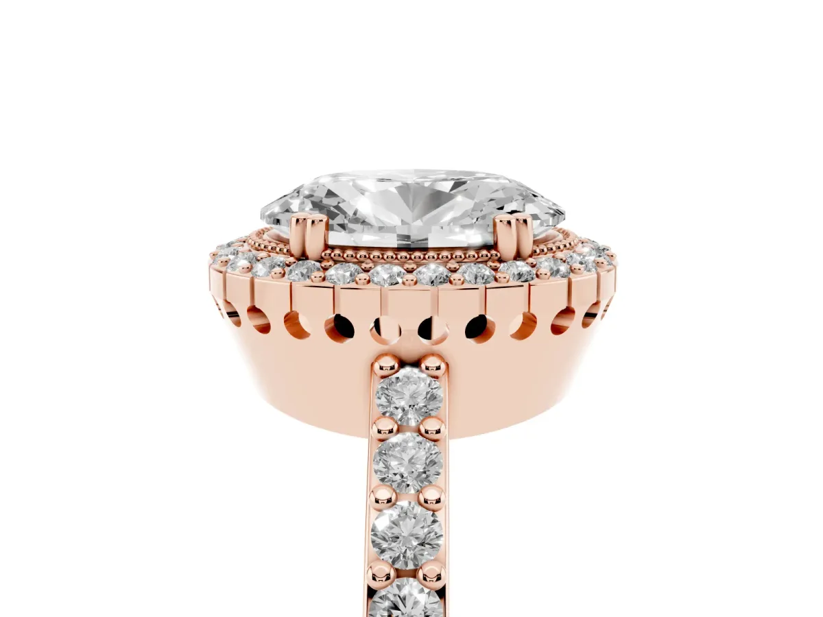 Oval Cut Cut Diamond Halo Engagement Ring with Milgrain Detail and Pavé Band Rose gold