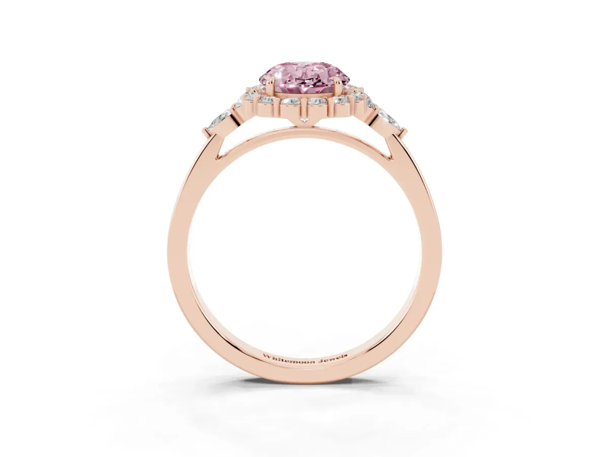Fancy Pink Oval Cut Diamond Halo Ring with Pear Side Stones and Prong Setting Rose gold