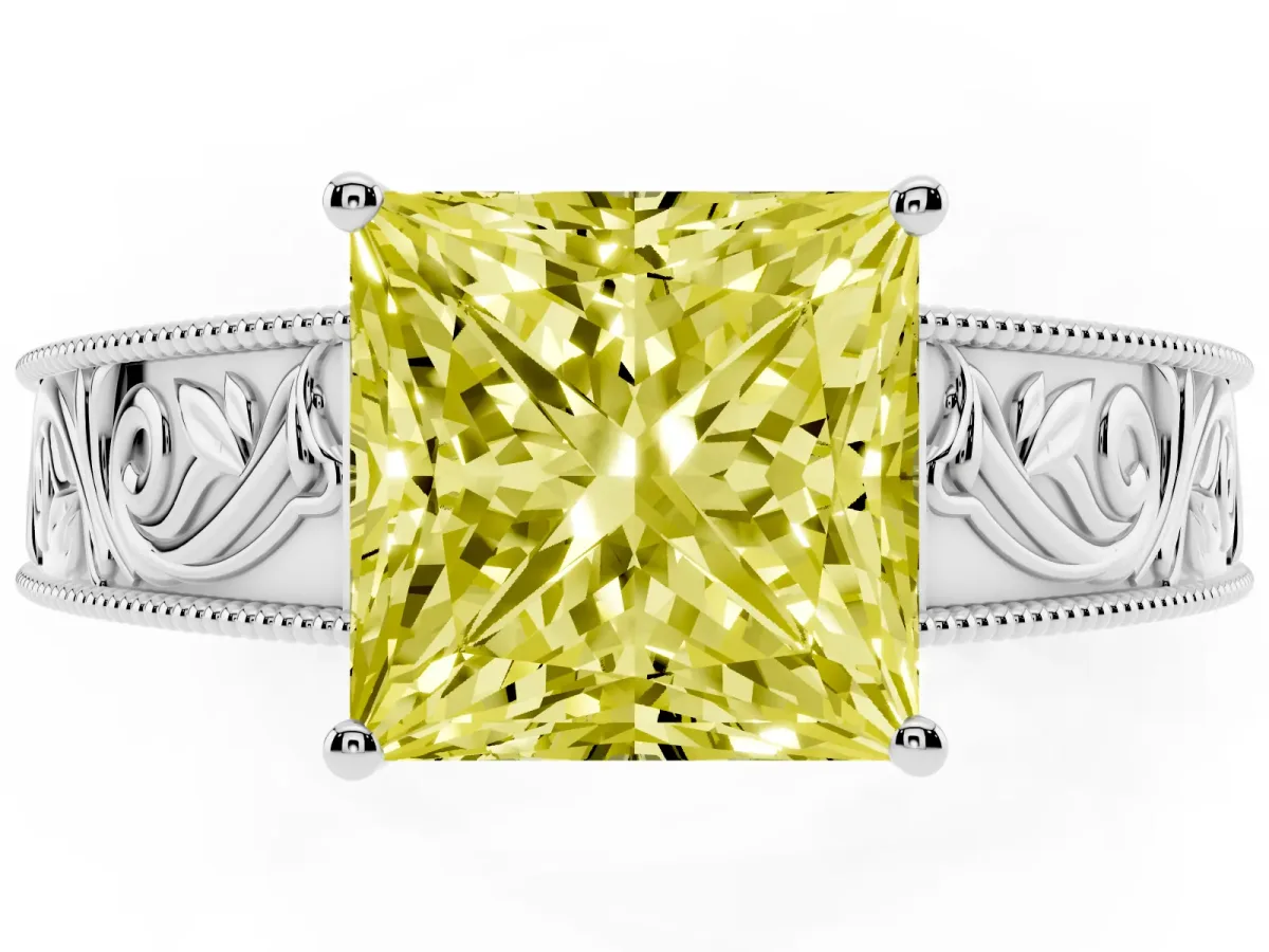 Fancy Yellow Princess Cut Diamond Solitaire Ring with Engraved Band and Four-Prong Setting Silver