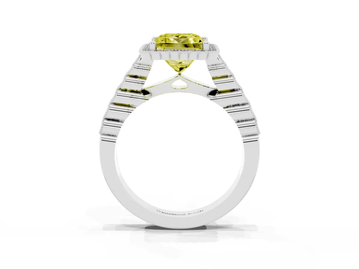 Fancy Yellow Princess Cut Cut Halo Pavé Solitaire Ring with Milgrain Band Platinum
