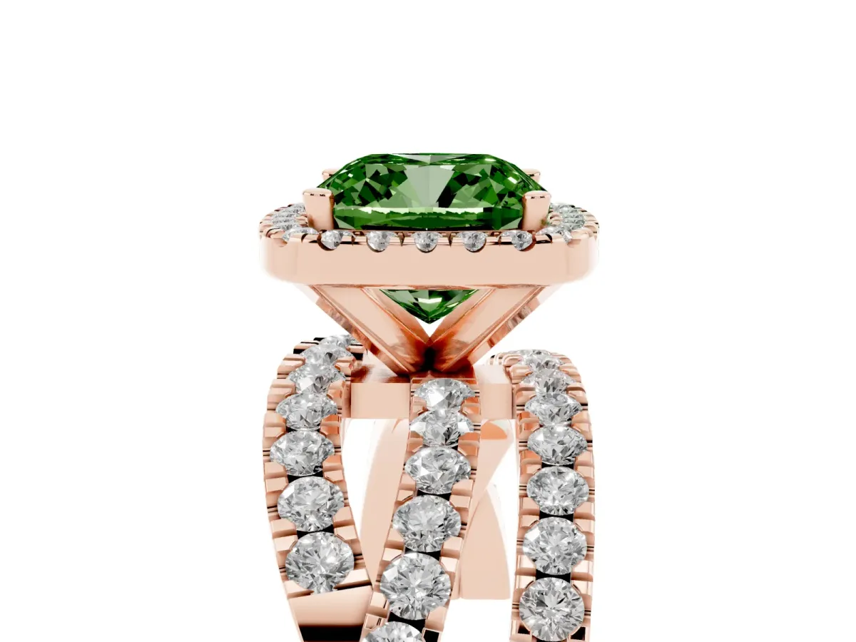 Fancy Green Cushion Cut Diamond Halo Ring with Round Split Shank and Prong Setting Rose gold