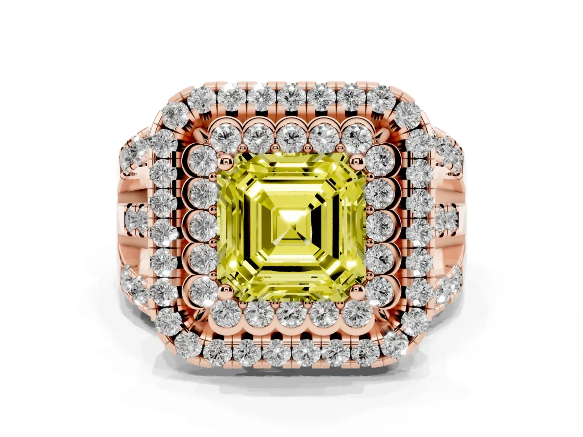 Fancy Yellow Asscher Cut Diamond Double Halo Ring with Round Pavé Split Shank and Prong Setting Rose gold