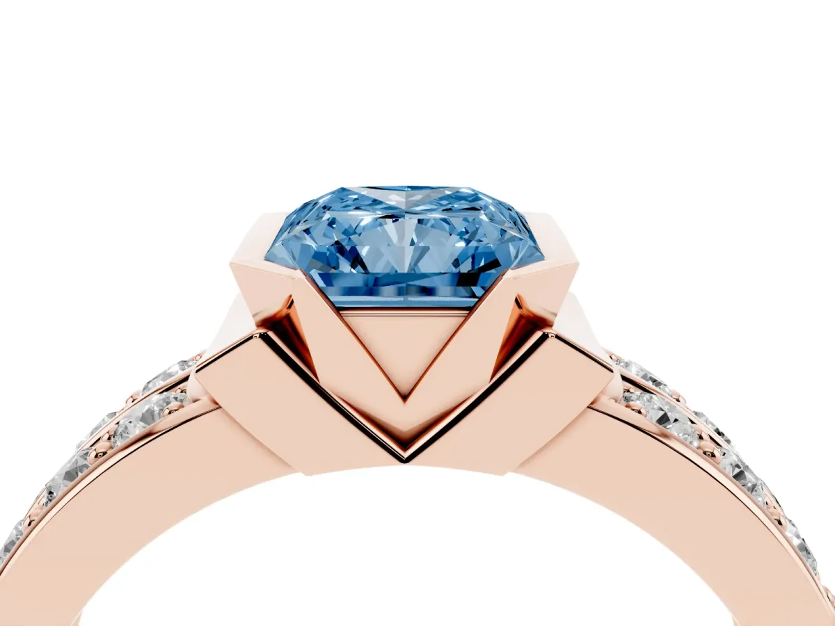 Fancy Blue Radiant Cut Brilliant Diamond Channel Set Wide Band Ring with Bezel Setting Rose gold