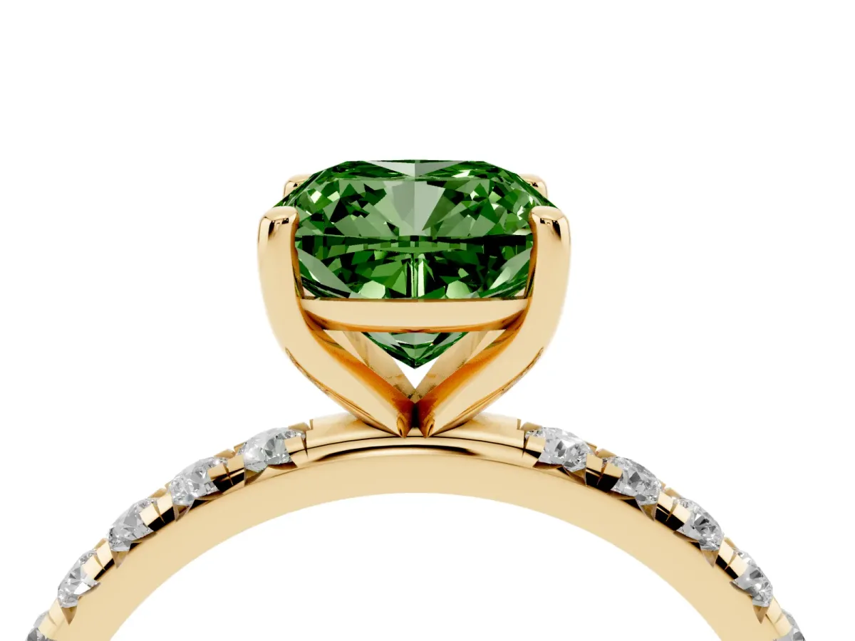Fancy Green Cushion Cut Cut Diamond Solitaire Ring with Micro Pave Band and Four Prong Setting Yellow gold