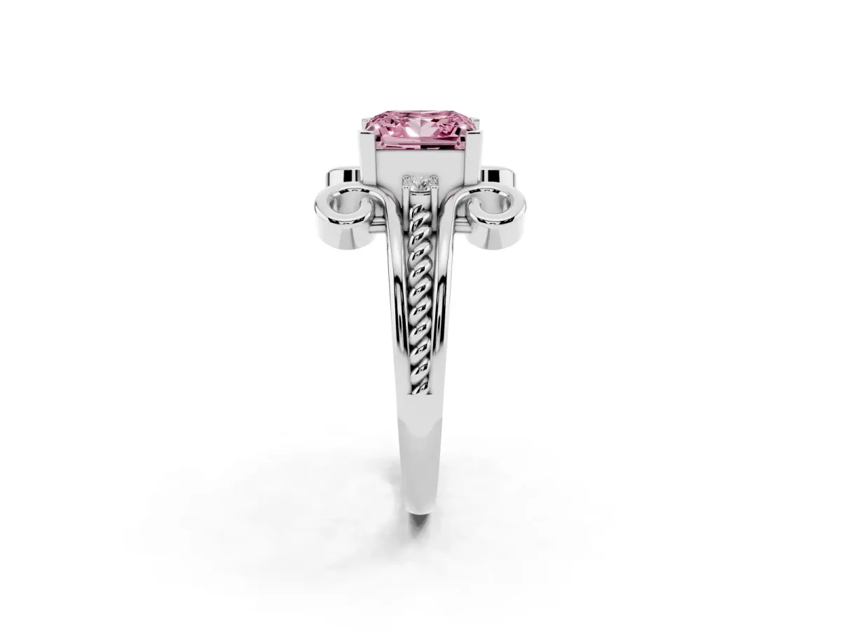 Fancy Pink Princess Cut Solitaire Twisted Band Scroll Prong Ring Silver